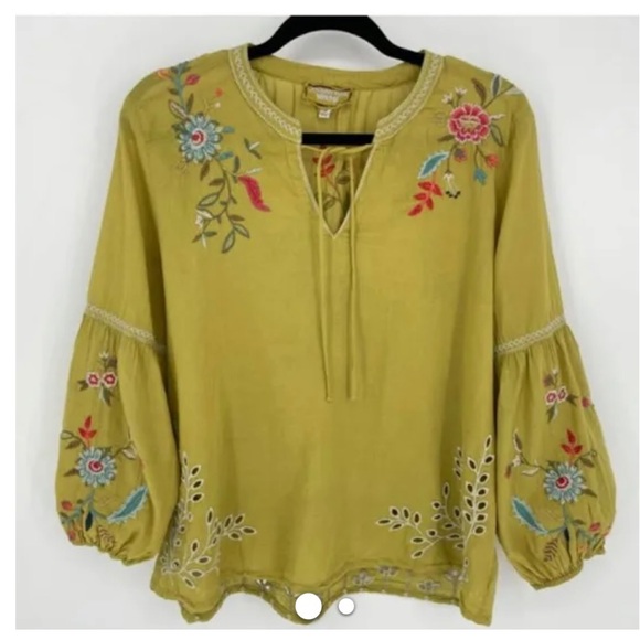 Johnny Was Lidia Effortless Peasant Embroidered Yellow Mustard Cotton Blouse - Picture 1 of 12